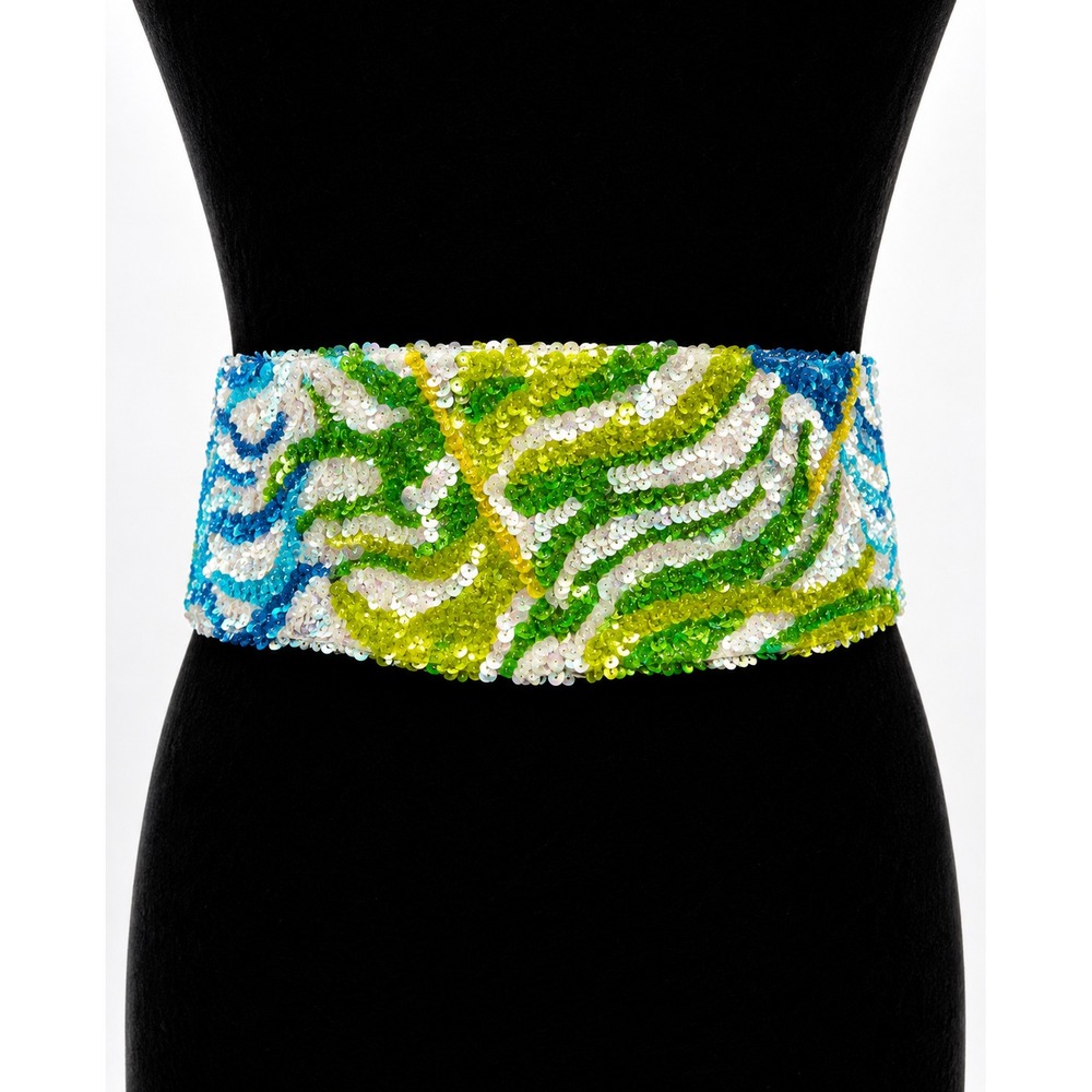 Vintage‎ La Mendola Peacock Retro Hand Beaded Green Pure Silk Chiffon Belt